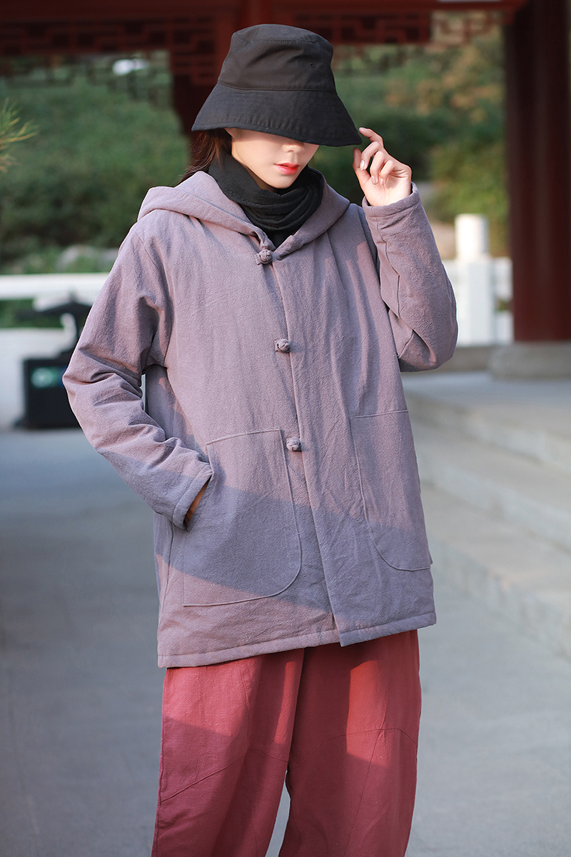 2019冬新款棉麻女装复古宽松亚麻盘扣连帽中长款棉袄女式棉衣