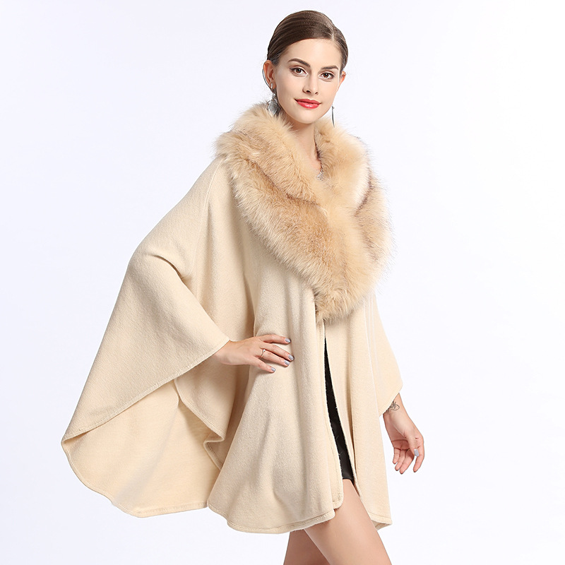 1168# European and American Style Autumn and Winter New Imitation Fox Fur Big Fur Collar Loose Oversized Knit Shawl Cape Knitwear