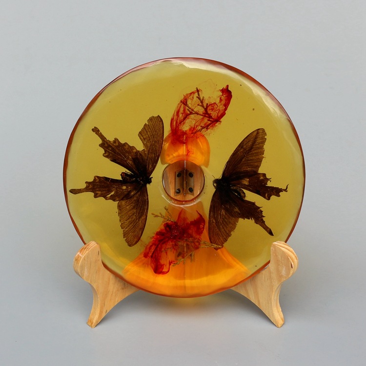 琥珀蜜蜡原石虫珀摆件蝴蝶标本工艺品虫珀 人造琥珀蝴蝶摆件
