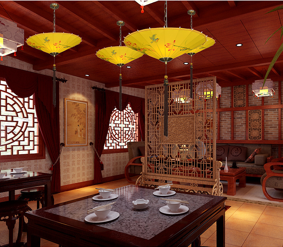 新中式雨伞吊灯灯具 创意中国风伞灯会所茶楼咖啡厅饭店餐厅吊灯