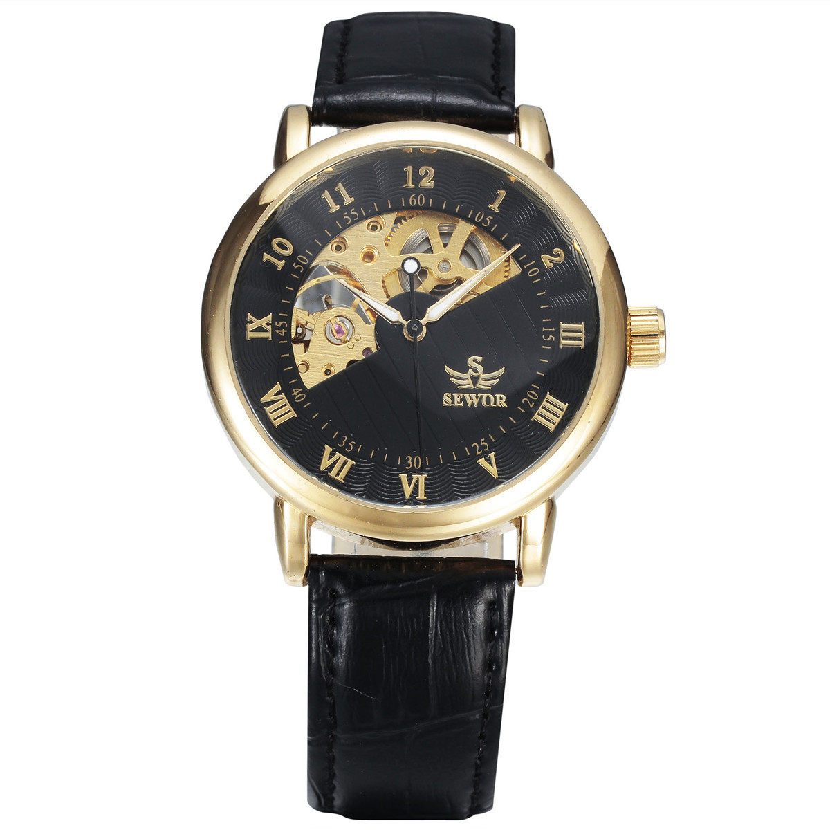 sewor 斯沃奇男士商务时尚镂空机械手表 皮带男手表腕表一件代发