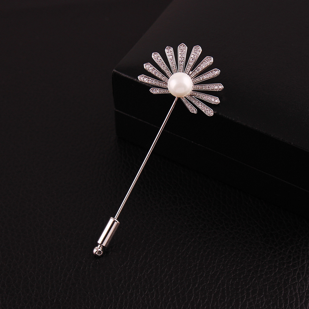 新款孔雀开屏一字珍珠胸针别针 男女镶锆石高档插针式胸花2113