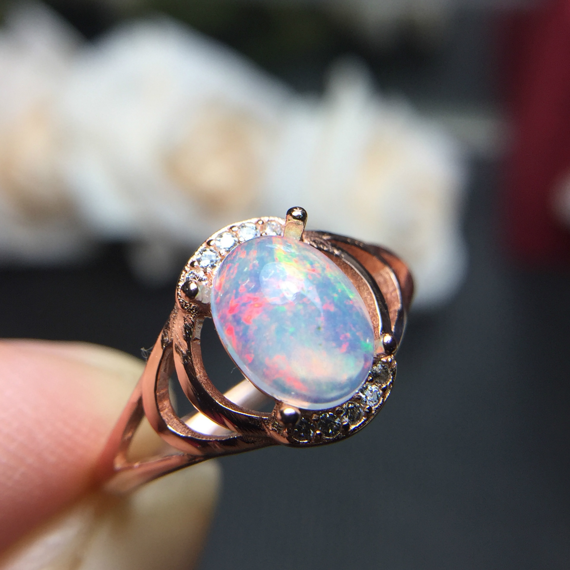 彩宝首饰 925银镶首饰天然欧泊活口戒指 厂家批发 一件代发女钻戒