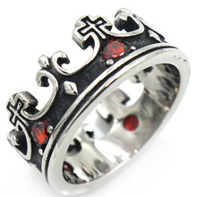 RG245 外贸欧美复古钛钢戒指  十字皇冠红宝石戒指 工厂货源
