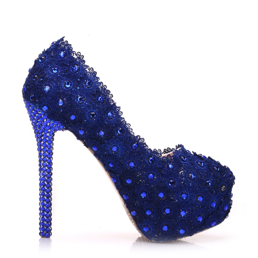 外贸大码蕾丝婚鞋 水钻 蓝色蕾丝鞋 细跟圆头防水台单鞋14blr