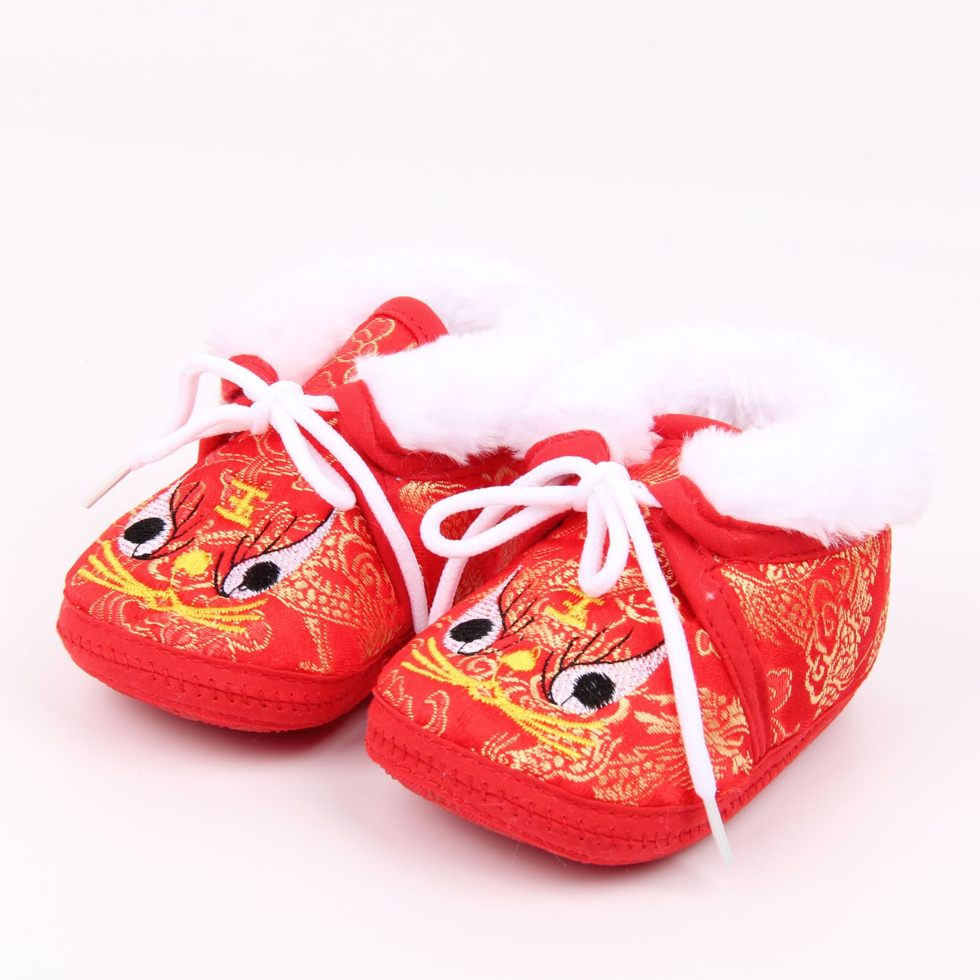 婴儿宝宝冬款系带绣花老虎头棉鞋子 大红满月百日周岁唐鞋 0-1岁