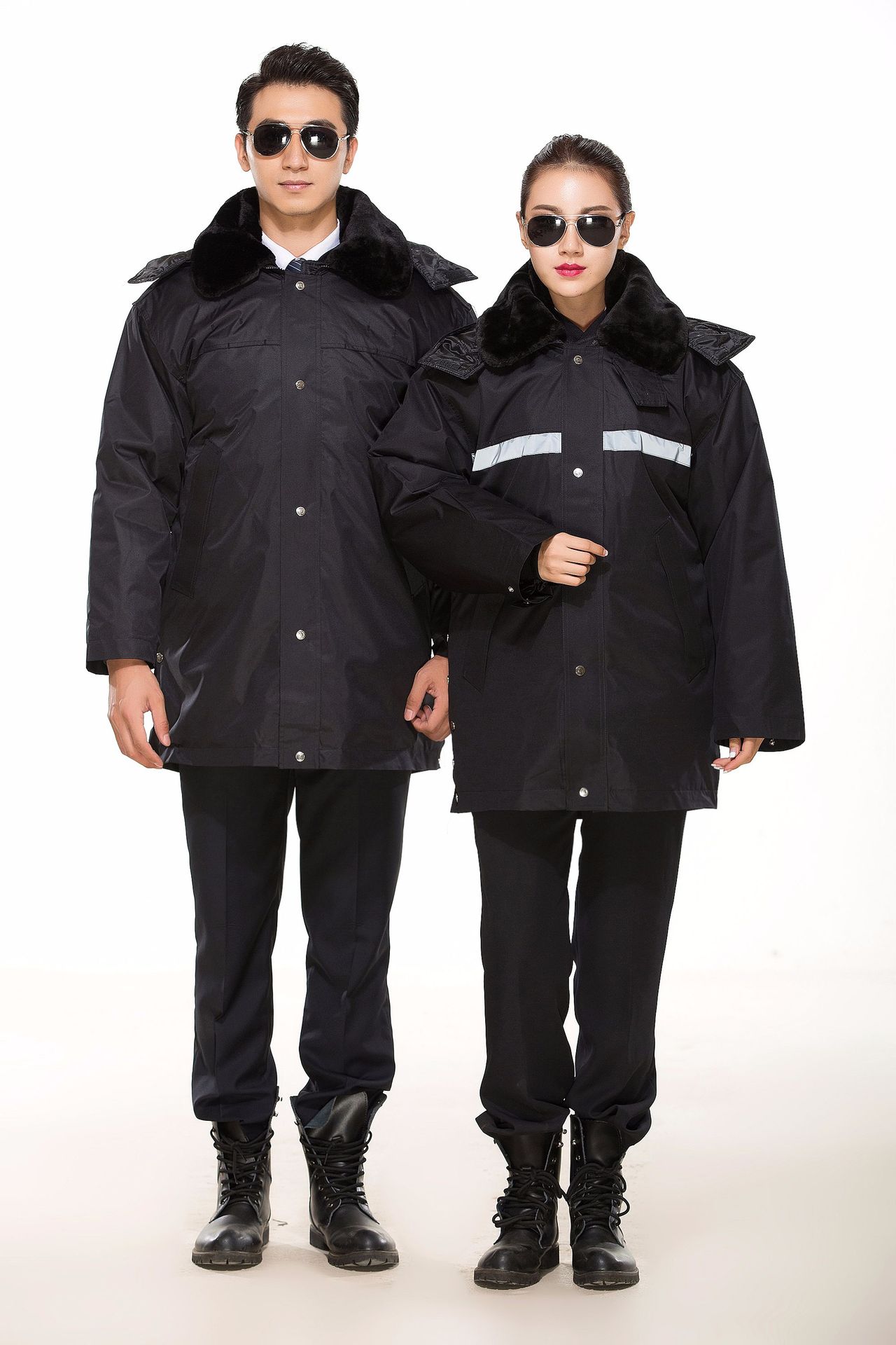 保安大衣冬季棉服男式中长款勤务大衣黑色保暖多功能防寒反光条棉