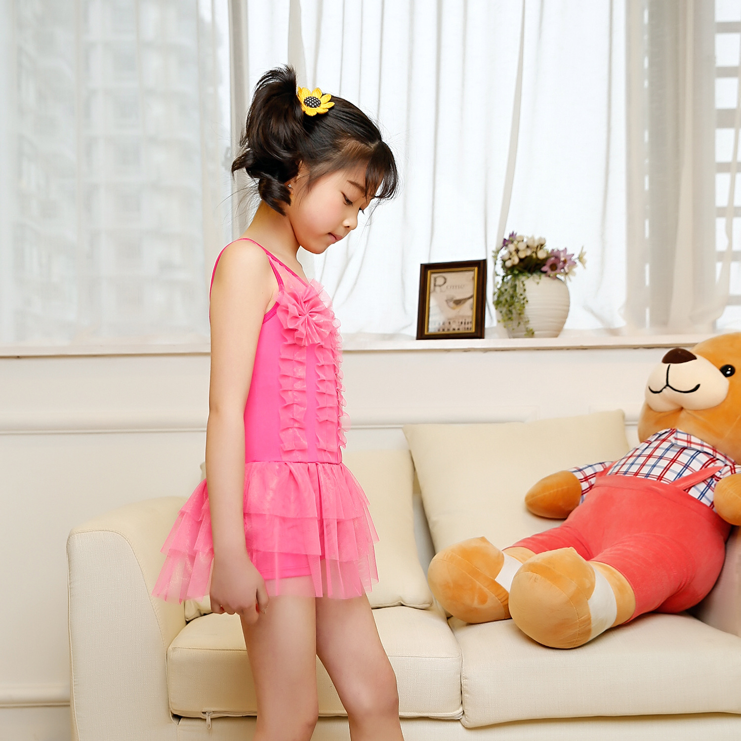 2018儿童纯色公主裙游泳衣 女童中童连体时尚温泉泳装 佰8818