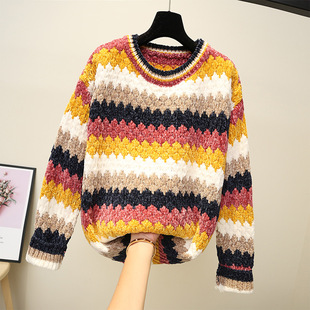 粗毛线毛衣女慵懒风宽松休闲条纹拼色套头雪尼尔针织衫外穿秋冬季