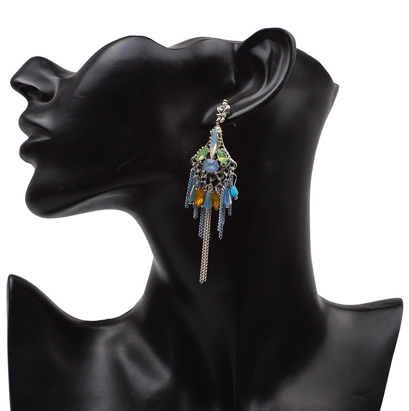 欧美复古奢华宝石流苏耳环 合金镶钻苏流耳钉耳坠 跨境新品配饰