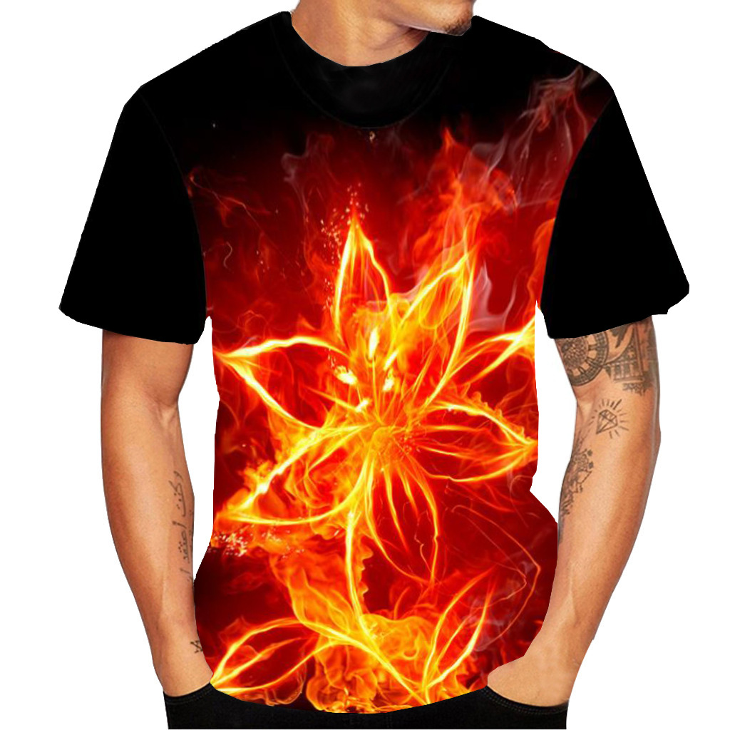 时尚新款3d火焰莲花印花时尚外贸男式短袖t恤男士潮流短袖3064