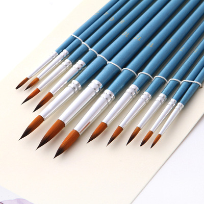 12支双色尼龙毛圆锋珠光蓝色杆 水粉水彩油画笔