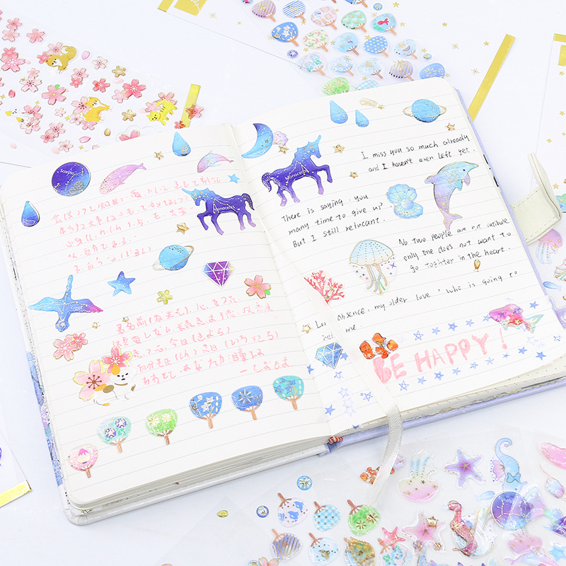 Korean Style Cute Epoxy Crystal Stickers Gilding Transparent Diary Journal Stickers Children Cartoon Journal Small Stickers