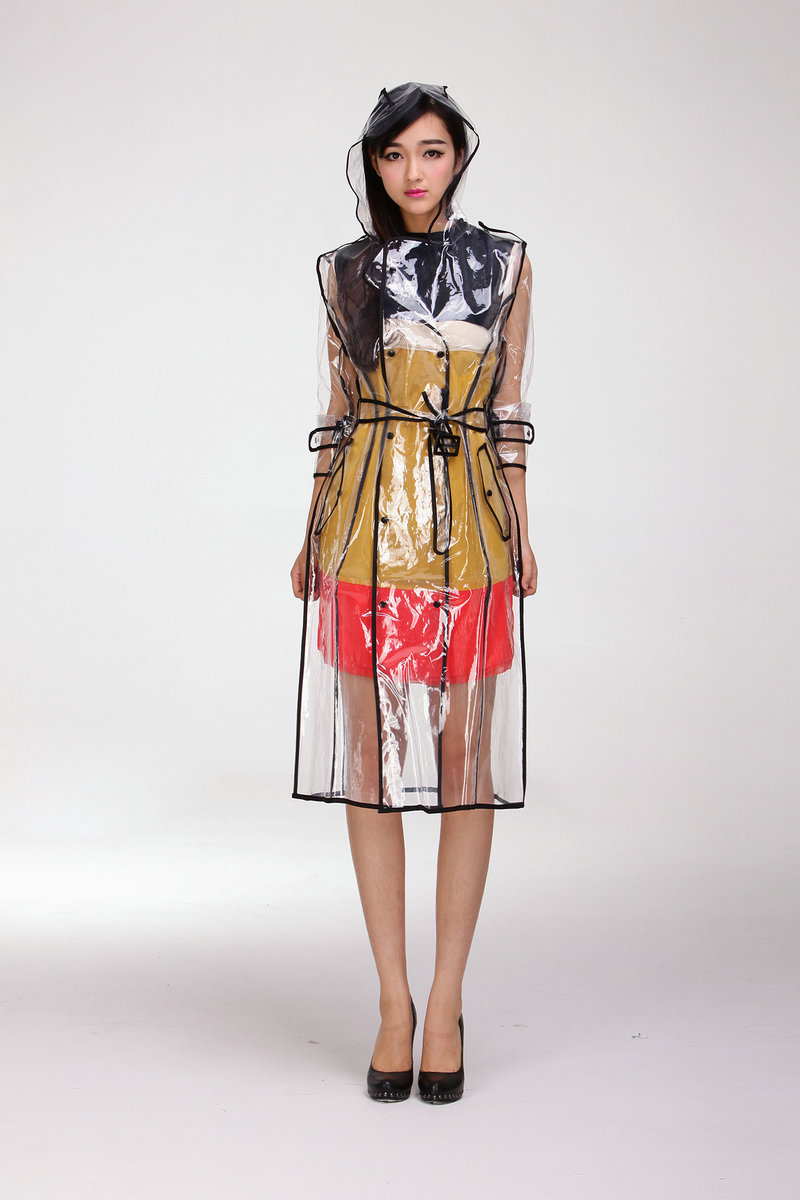 跨境eva包边透明长款个性时尚腰带摄影雨披女成人户外徒步雨衣