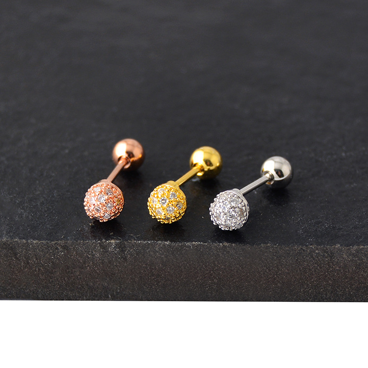 韩版 微镶锆石满钻圆球小耳钉18k玫瑰金螺纹杆钛钢耳骨钉n220