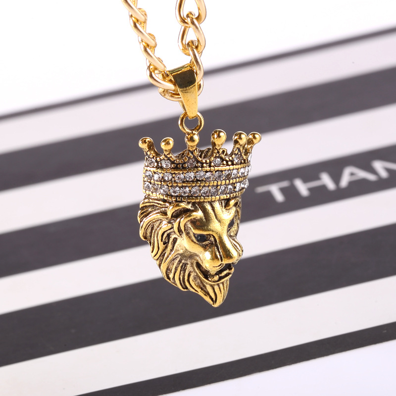 跨境饰品货源 欧美嘻哈潮男个性男士项链 皇冠狮子头微镶合金项坠