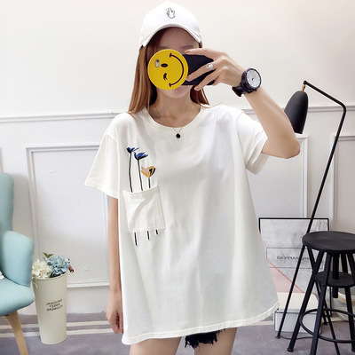 大码女装短袖t恤宽松bf学生刺绣半袖上衣纯棉610403