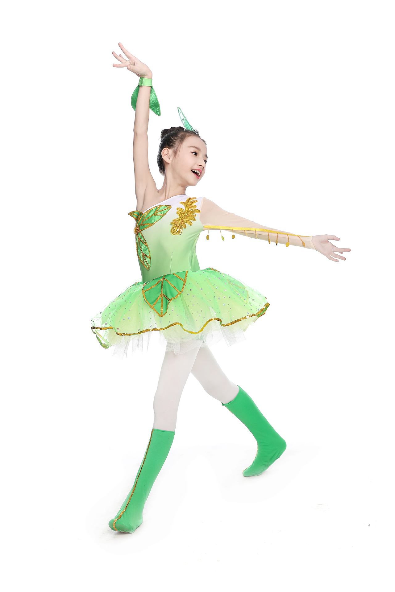 小草儿童演出服绿表演女舞蹈纱裙荷塘月色茉莉花开蓬蓬裙小荷风采
