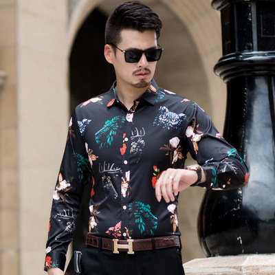 主推秋冬款休闲花衬衫大码韩版弹力男士长袖衬衫男装大码衬衫长袖