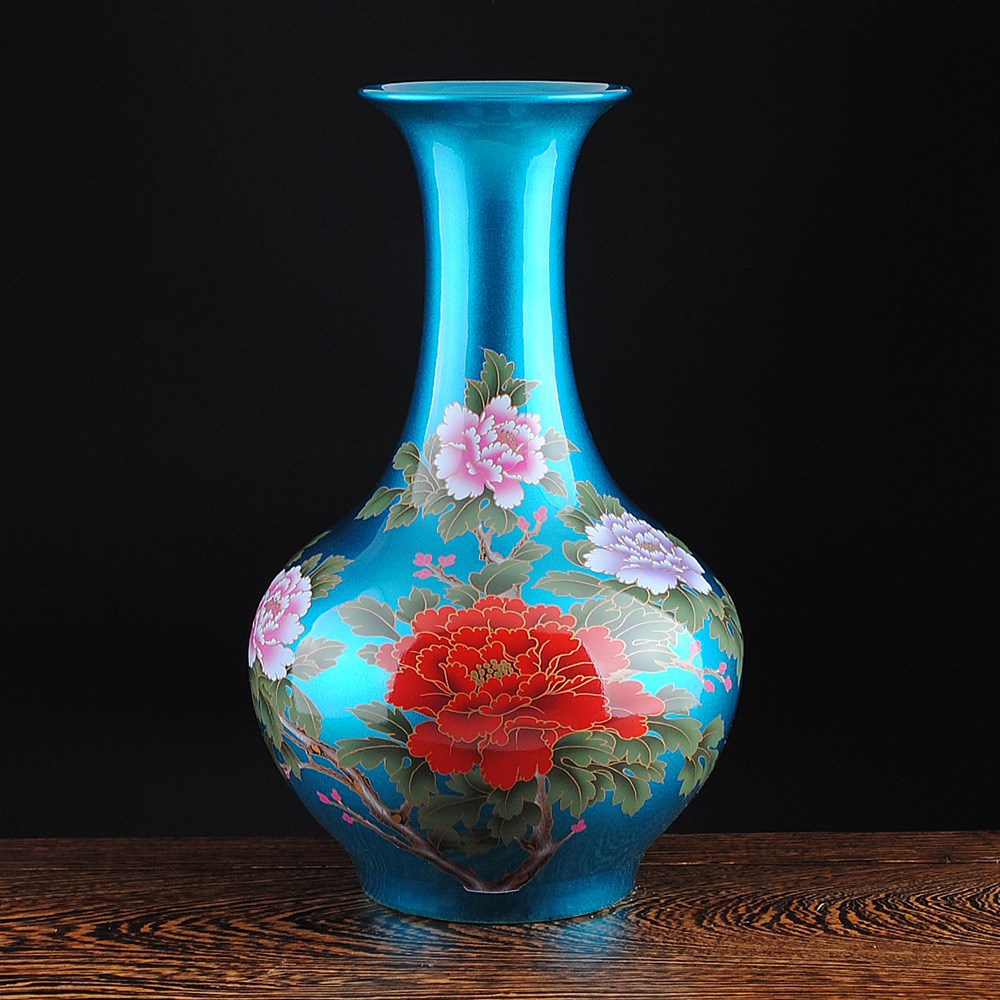 景德镇陶瓷花瓶批发 蓝色牡丹花水晶釉赏瓶工艺品摆件混批
