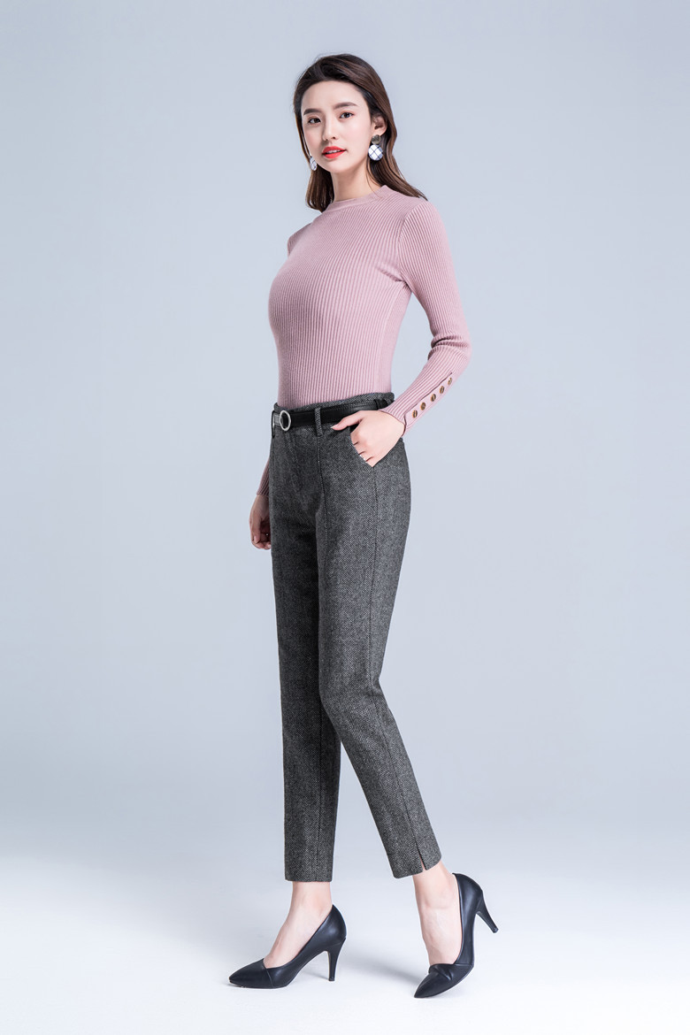 2018新款毛呢裤女小脚裤时尚显瘦高腰休闲裤烟管裤开叉