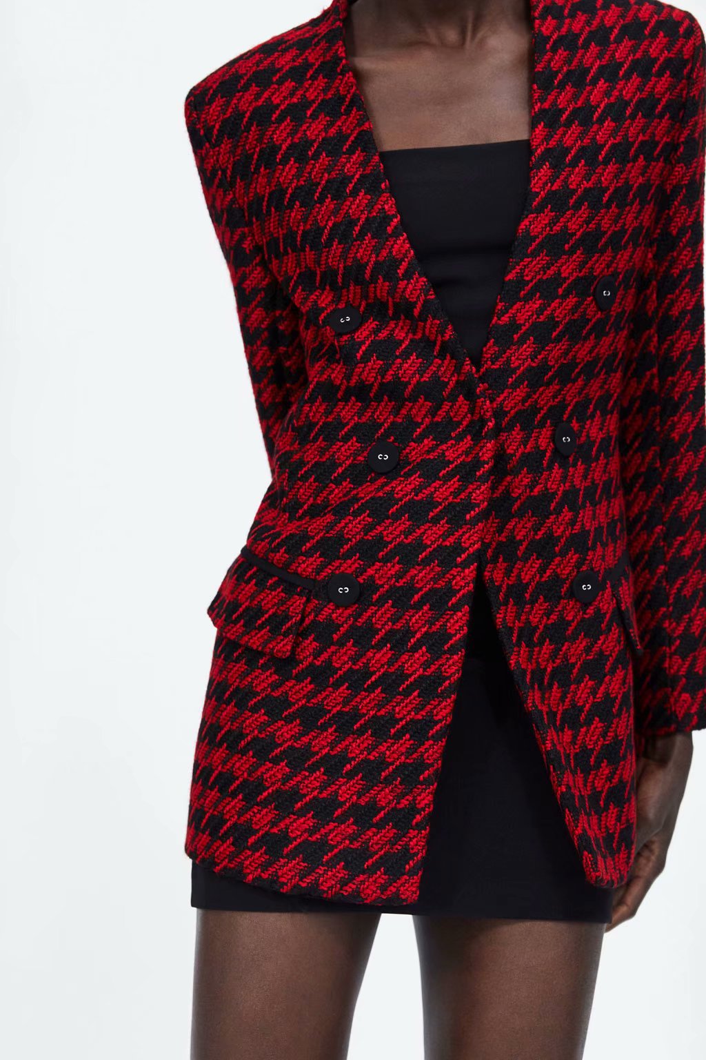 复古风黑红粗纺修身中长款千鸟格西装2018秋冬新款西服外套