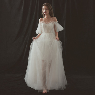 白色旅拍轻婚纱礼服2018新款新娘显瘦 抹胸网纱年会主持礼服性感