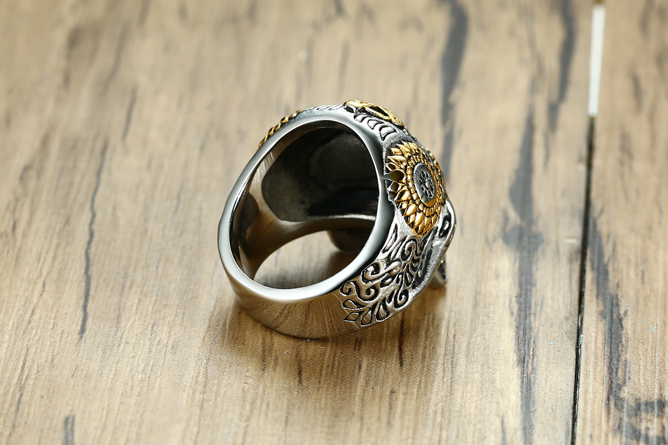 朋克饰品 钛钢铸造雕花嘎巴拉鬼头绿眼戒指 骷髅头戒指rc408