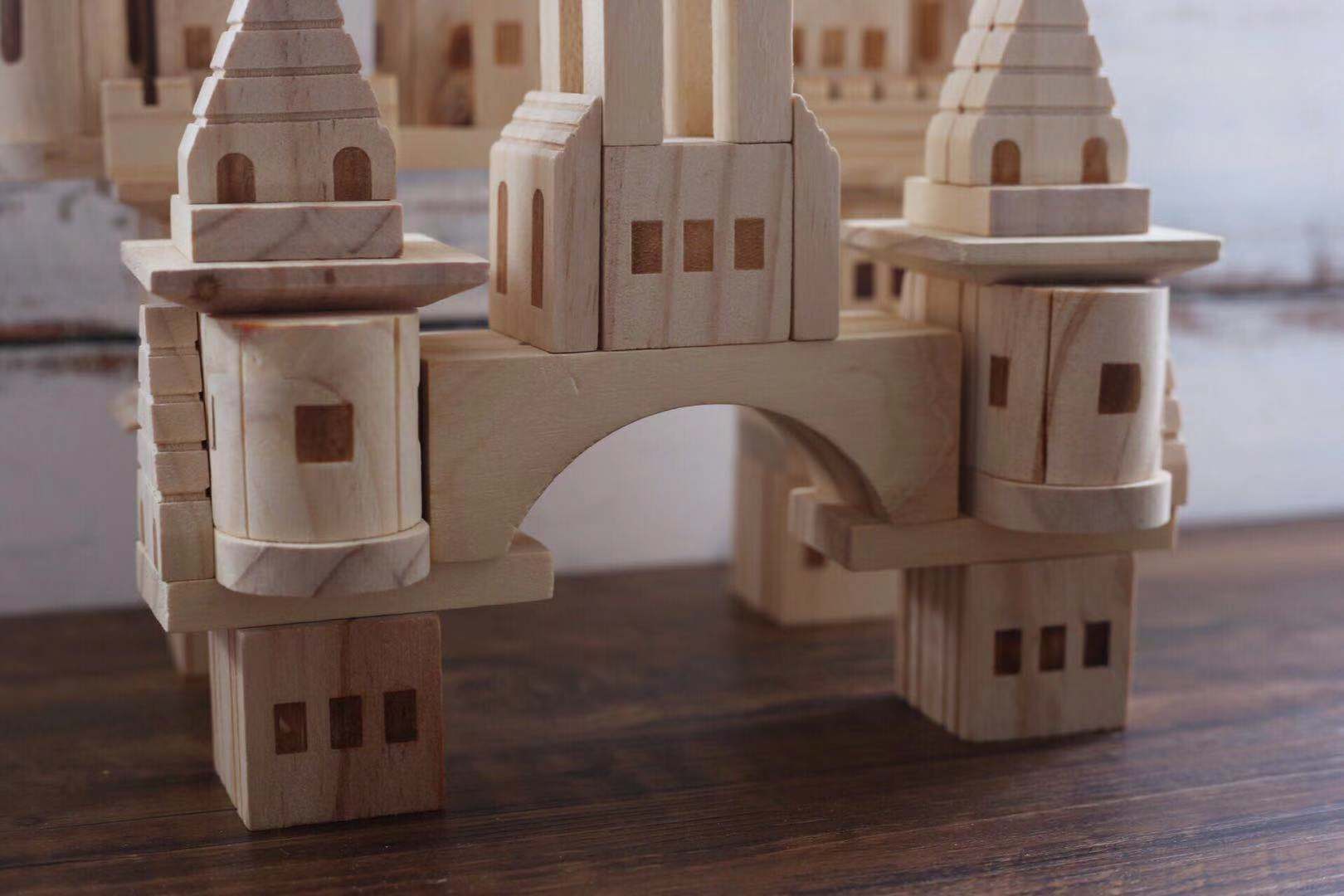 原木色积木玩具3-6周岁女孩宝宝1-2婴幼儿童城堡建筑益智早教