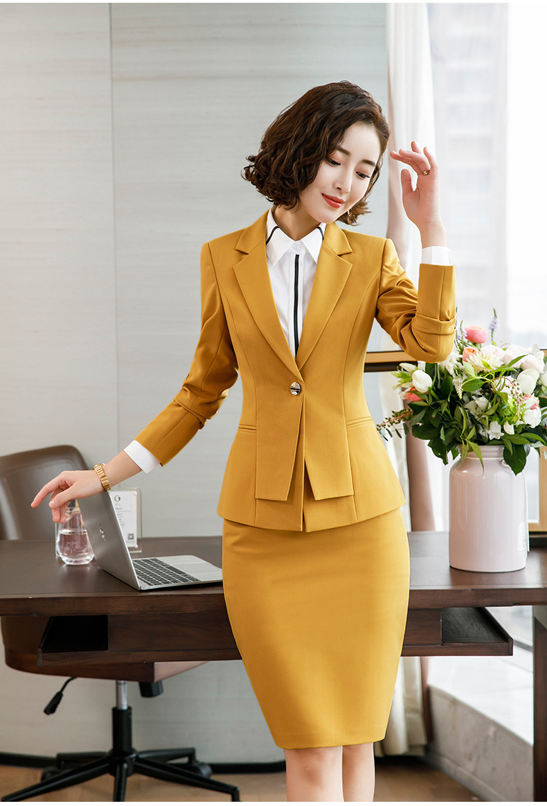 女士西装套装女2018新款秋季时尚韩版小西服黄色气质职业正装套裙