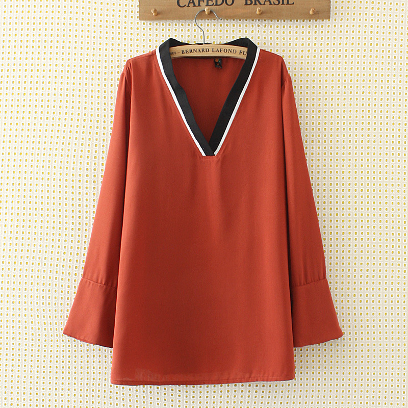 大号胖妹妹2018春季新款韩范时尚v领相色马蹄袖上衣女宽松显瘦t恤