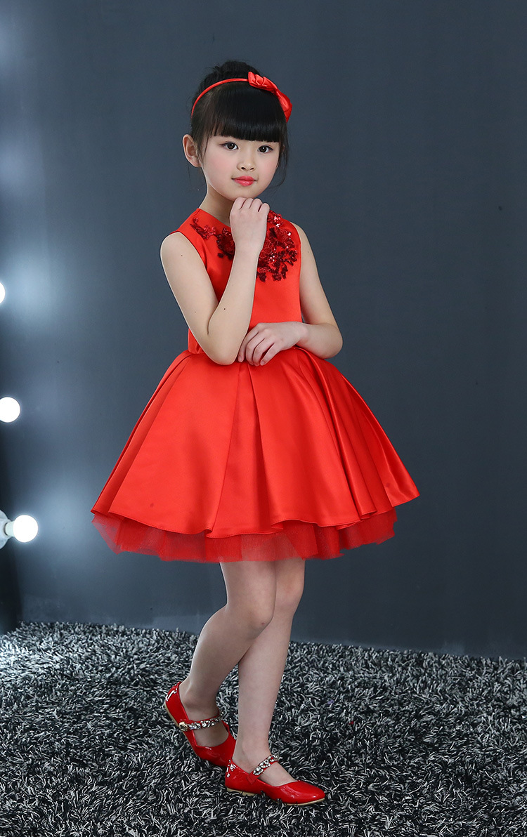 新款儿童礼服女童大红色礼裙新年拜年喜庆典服装舞蹈演出服表演