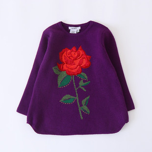 k-3867 中长款玫瑰花图案圆领女童羊毛衫 2018秋冬新款童装毛衣