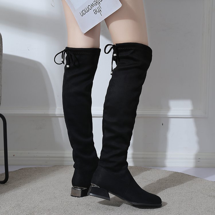 欧美2018冬季新款低跟绒面过膝长筒靴尖头加绒百搭显瘦系带女靴子