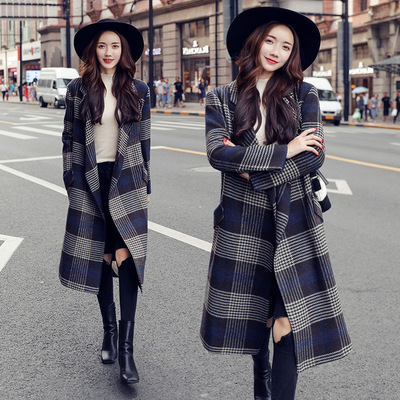格子风衣女中长款韩版秋装新款休闲宽松春秋女装呢子大衣外套