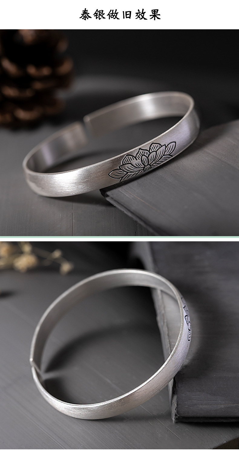 s999银手镯女款莲花纯银拉丝开口足银镯子手工时尚文艺复古简约