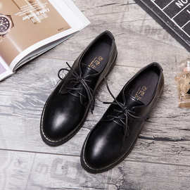 春夏季平底跟黑色小皮鞋女工作职业正装系带休闲学生单鞋粘胶鞋耐