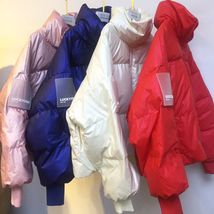 羽绒服女短款2018新款韩版luckyfive方块学生宽松耐脏白鸭绒外套
