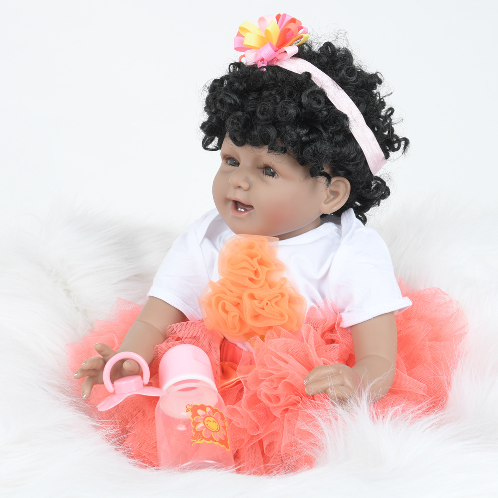 亚马逊硅胶55cm非洲卷发洋娃娃可爱仿真安抚睡眠儿童陪伴成长玩具