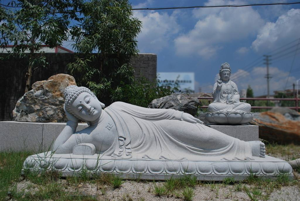 石雕睡佛加工定做 福建石雕厂家芝麻白卧佛寺庙人物像石头佛像