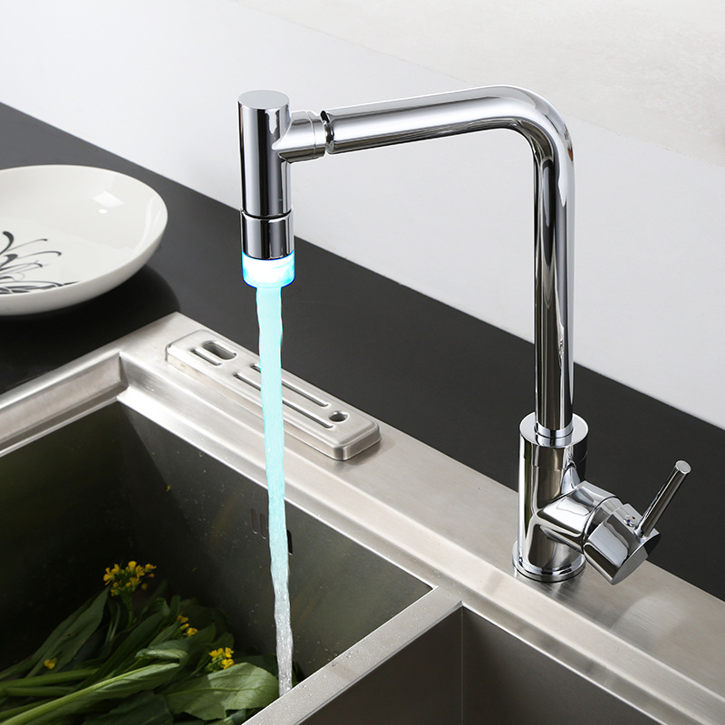 全铜led温控变色冷热水厨房水龙头 单把单孔混合水洗菜盆水龙头