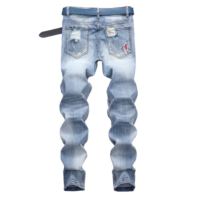 Cross-Border Supply European and American Foreign Trade Jeans ight Color Stretch Motorcycle Pants Ripped Jeans Amazon Trendy Men's Pants