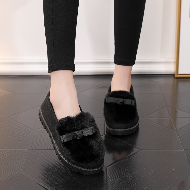 Autumn and Winter Korean Style Women's Cotton Shoes Fleece-lined Peas Shoes Students Flat Casual Non-Slip Slip-on Fluffy Shoes Warm Shoes