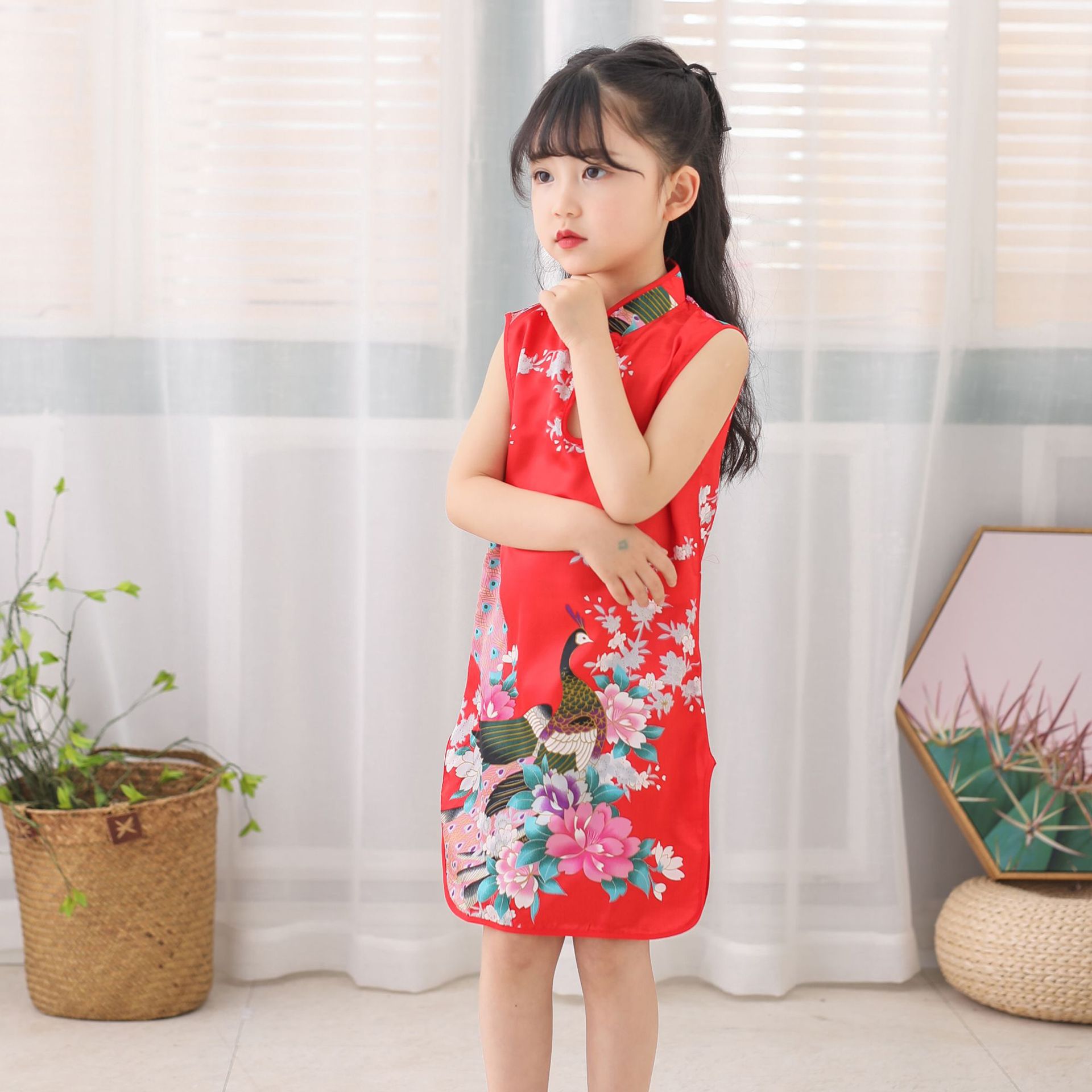 夏季新款复古儿童旗袍 民族风儿童汉服 丝绸立领水滴无袖女童唐装