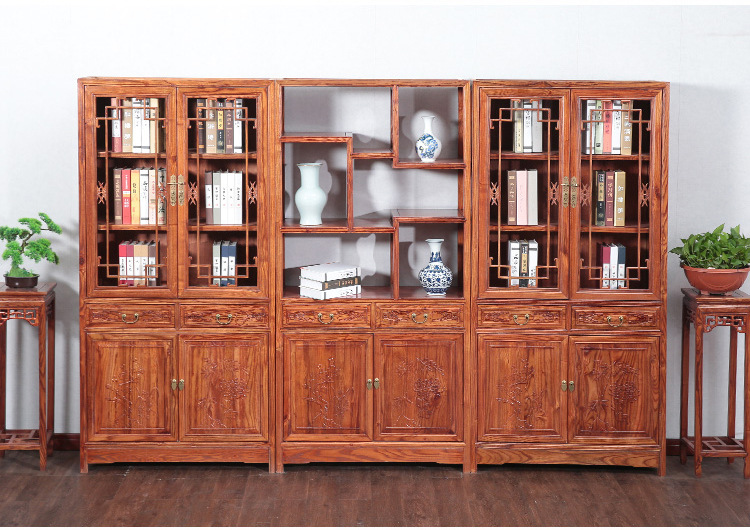 书柜书架组合仿古家具古典复古中式实木置物架 木雕刻陈列架组合