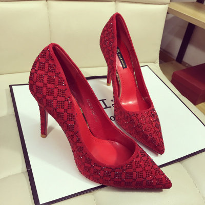 红色高跟婚鞋韩版2018春季新款性感尖头浅口水钻绒面细跟礼服单鞋