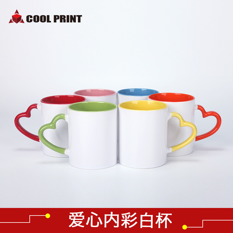 Heart-Shaped Handle Color Handle Inner Wall Color Coating White Cup Wholesale Thermal Transfer Blank Ceramic Cup Creative Gift Cup