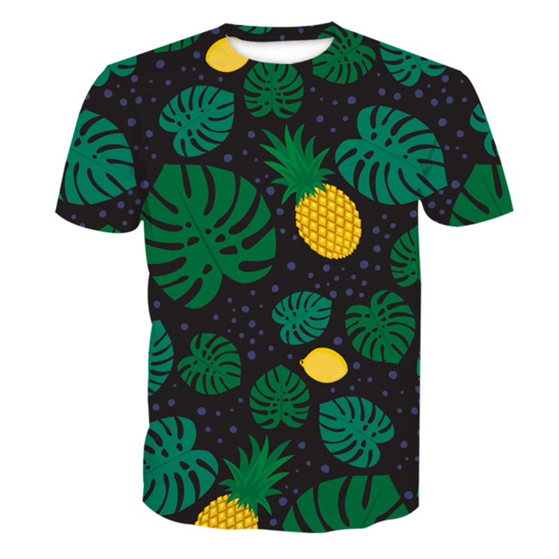 跨境专供夏季欧美童装抽象菠萝柠檬拼色印花卡通t恤cts53012