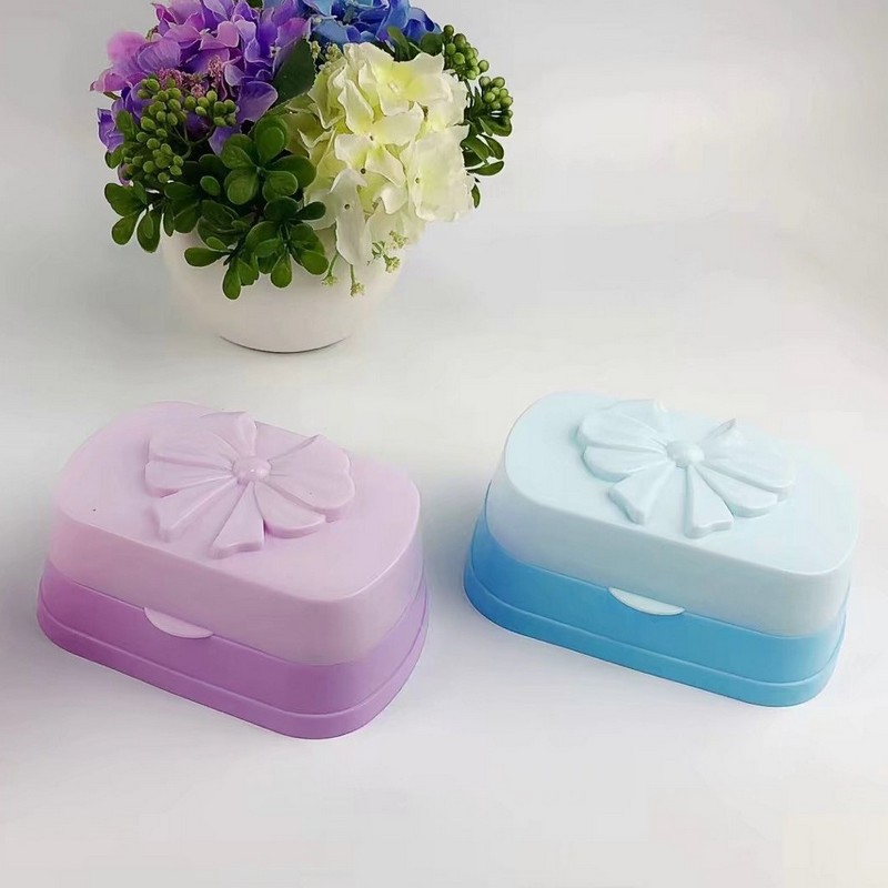 简约蝴蝶结双色香皂盒带盖防水肥皂盒旅游出差便携洗脸皂盒皂托