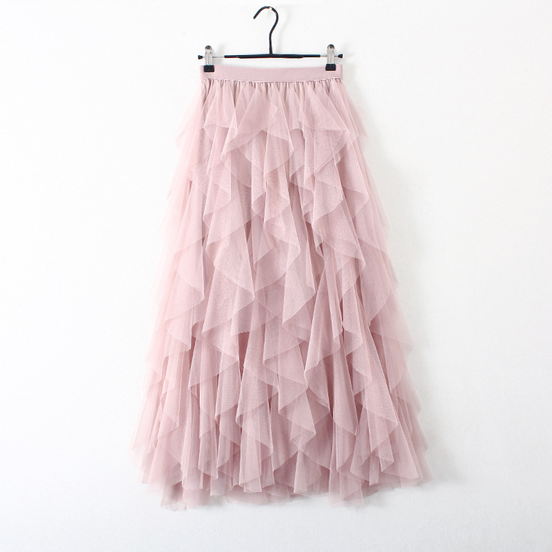 Spring 2023 Korean Style Elastic Waistband Fashionable All-Match Slimming Mesh Stitching Irregular Mid-Length High Waist Skirt
